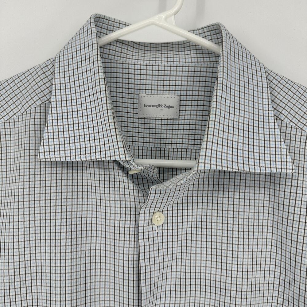 Ermenegildo Zegna Dress Shirt Mens 17.5 XL Blue Brown Check Cotton Long Sleeve - Picture 4 of 11